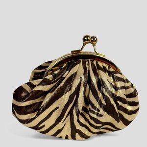 Chico’s Gold & Black Zebra Print Kiss Lock Crossbody Bag - Evening Clutch Purse‎